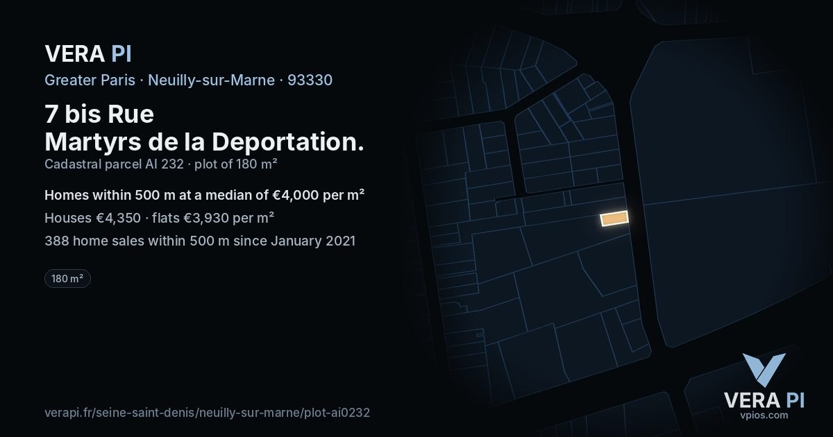 7 bis Rue Martyrs de la Deportation, Neuilly-sur-Marne at night – the plot lit, the parcels around coloured by the prices near them