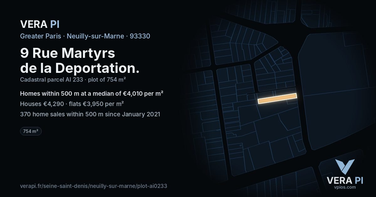 9 Rue Martyrs de la Deportation, Neuilly-sur-Marne at night – the plot lit, the parcels around coloured by the prices near them