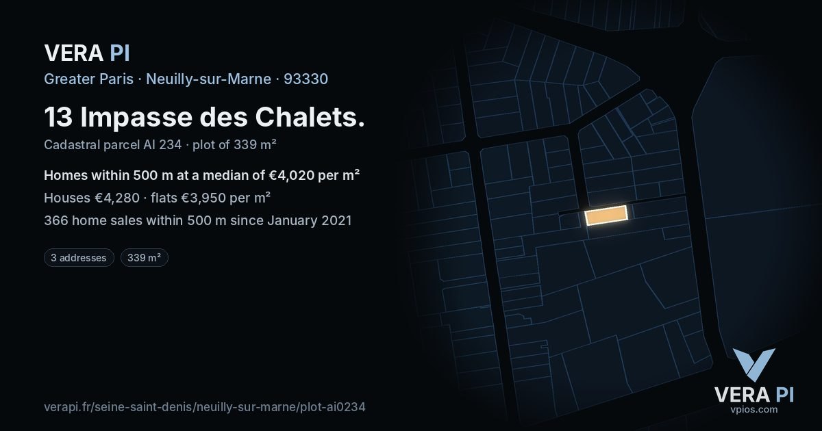 13 Impasse des Chalets, Neuilly-sur-Marne at night – the plot lit, the parcels around coloured by the prices near them