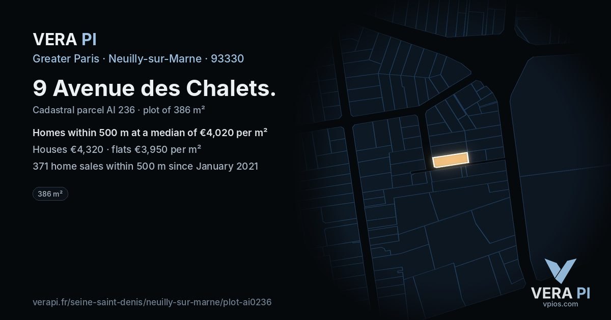 9 Avenue des Chalets, Neuilly-sur-Marne at night – the plot lit, the parcels around coloured by the prices near them