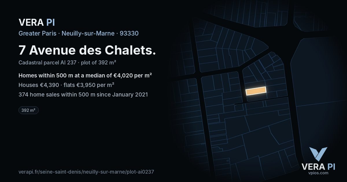 7 Avenue des Chalets, Neuilly-sur-Marne at night – the plot lit, the parcels around coloured by the prices near them