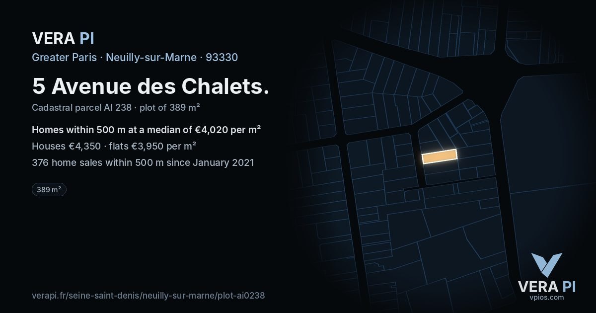 5 Avenue des Chalets, Neuilly-sur-Marne at night – the plot lit, the parcels around coloured by the prices near them