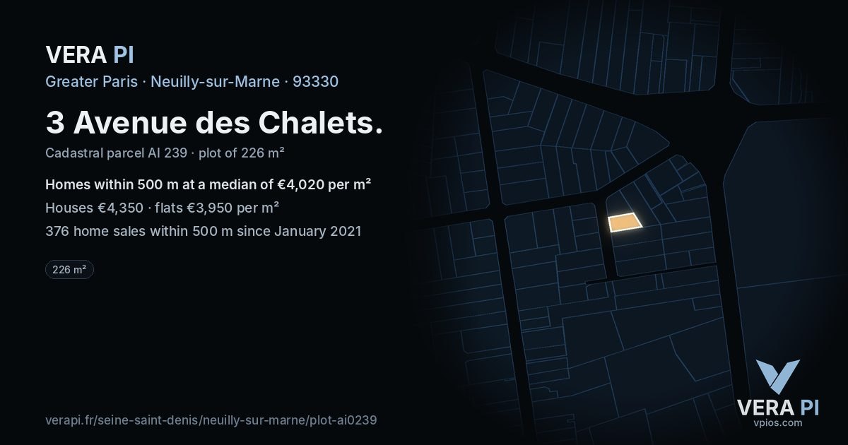 3 Avenue des Chalets, Neuilly-sur-Marne at night – the plot lit, the parcels around coloured by the prices near them