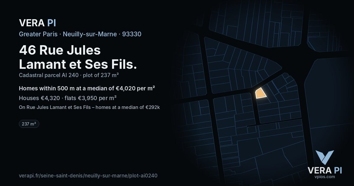 46 Rue Jules Lamant et Ses Fils, Neuilly-sur-Marne at night – the plot lit, the parcels around coloured by the prices near them