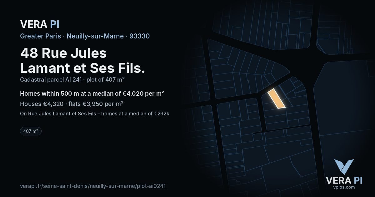 48 Rue Jules Lamant et Ses Fils, Neuilly-sur-Marne at night – the plot lit, the parcels around coloured by the prices near them