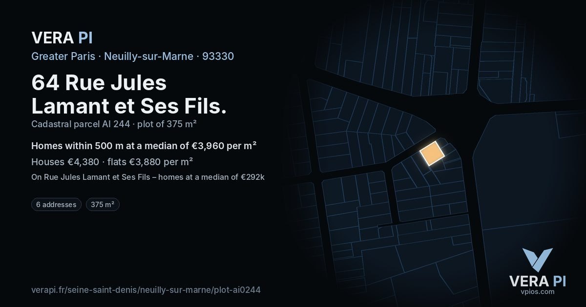64 Rue Jules Lamant et Ses Fils, Neuilly-sur-Marne at night – the plot lit, the parcels around coloured by the prices near them