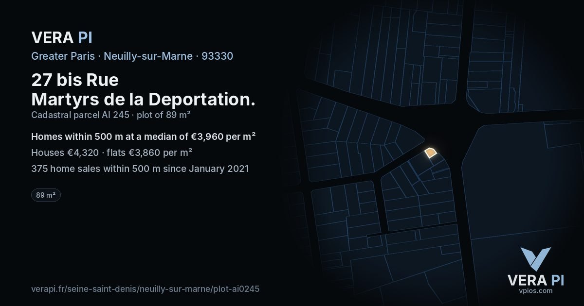 27 bis Rue Martyrs de la Deportation, Neuilly-sur-Marne at night – the plot lit, the parcels around coloured by the prices near them