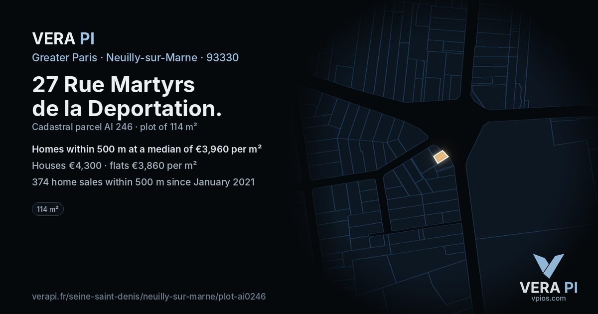27 Rue Martyrs de la Deportation, Neuilly-sur-Marne at night – the plot lit, the parcels around coloured by the prices near them