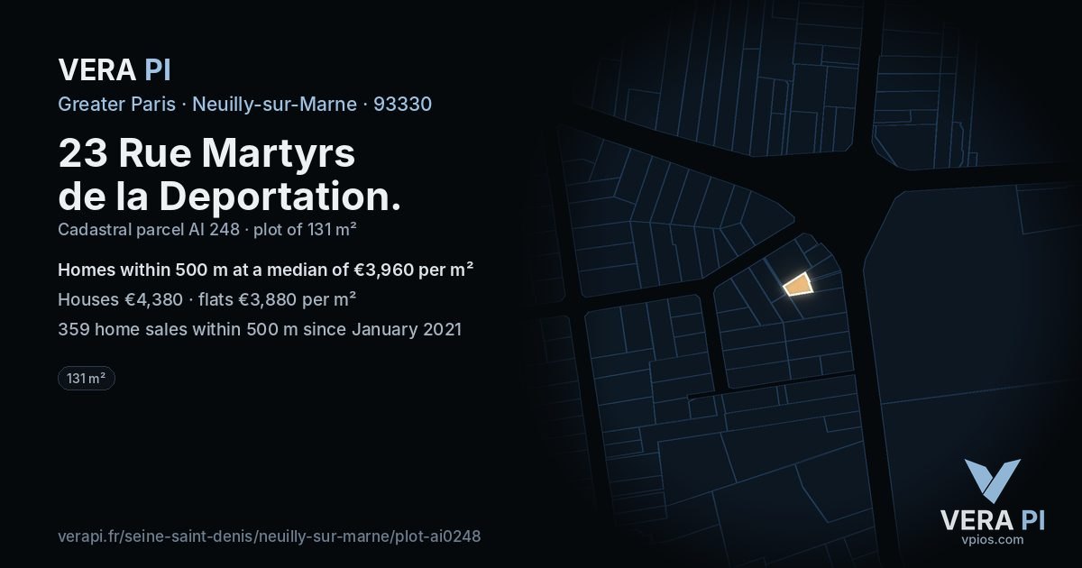 23 Rue Martyrs de la Deportation, Neuilly-sur-Marne at night – the plot lit, the parcels around coloured by the prices near them