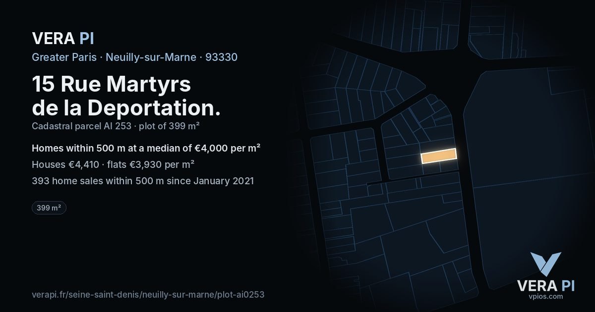 15 Rue Martyrs de la Deportation, Neuilly-sur-Marne at night – the plot lit, the parcels around coloured by the prices near them