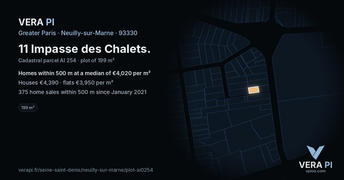 11 Impasse des Chalets, Neuilly-sur-Marne at night – the plot lit, the parcels around coloured by the prices near them