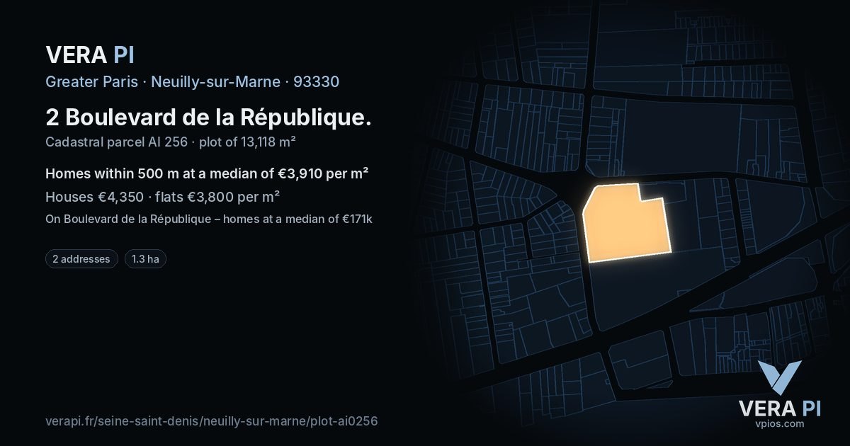 2 Boulevard de la République, Neuilly-sur-Marne at night – the plot lit, the parcels around coloured by the prices near them