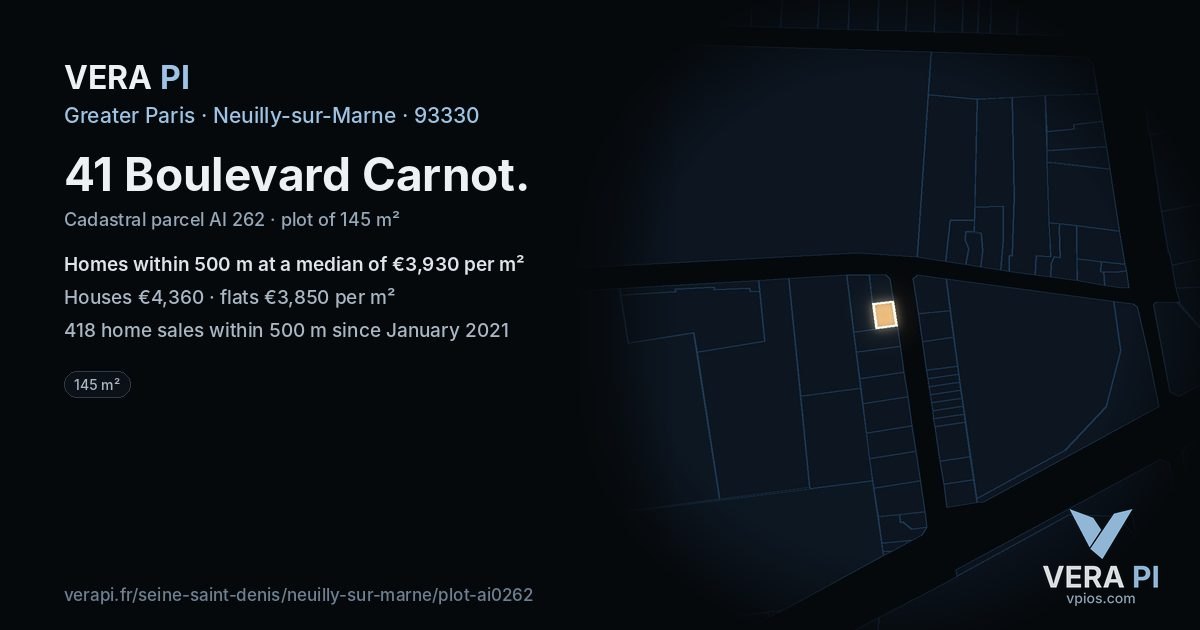 41 Boulevard Carnot, Neuilly-sur-Marne at night – the plot lit, the parcels around coloured by the prices near them