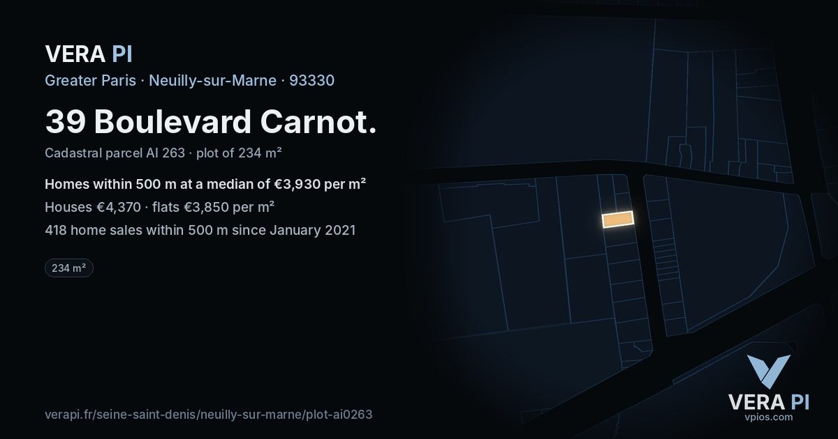 39 Boulevard Carnot, Neuilly-sur-Marne at night – the plot lit, the parcels around coloured by the prices near them