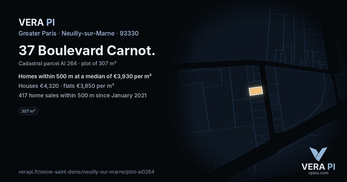 37 Boulevard Carnot, Neuilly-sur-Marne at night – the plot lit, the parcels around coloured by the prices near them