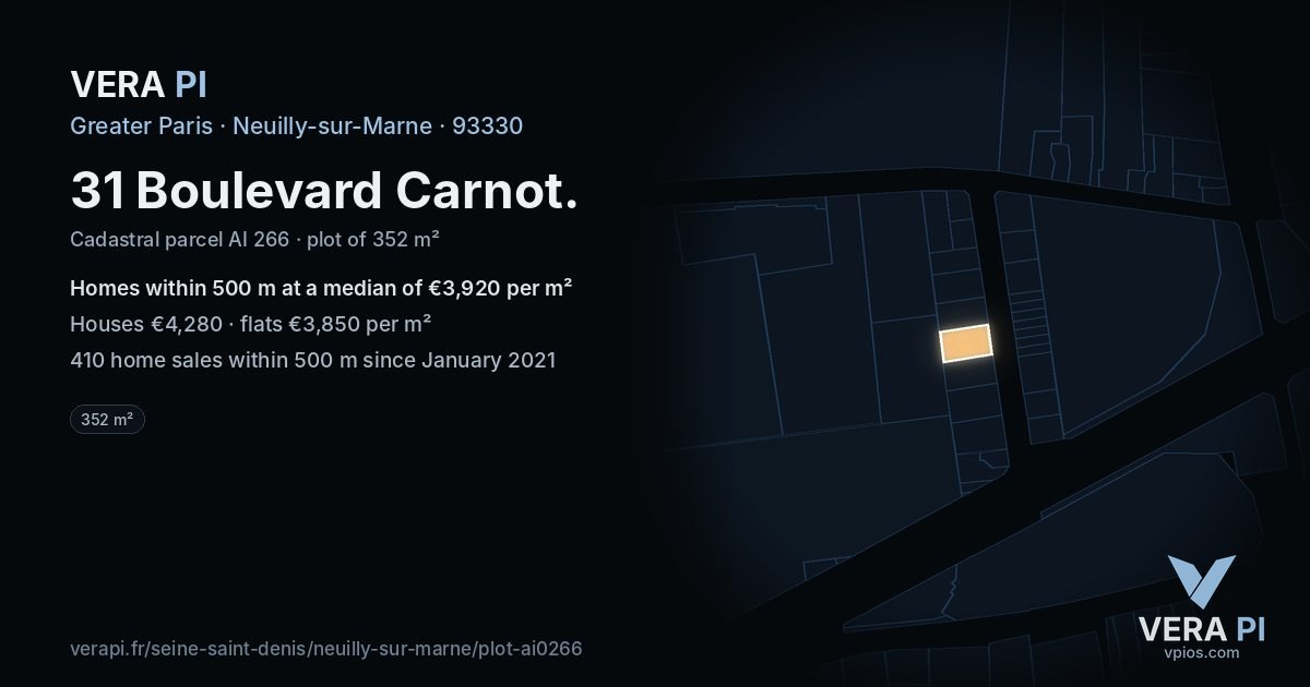 31 Boulevard Carnot, Neuilly-sur-Marne at night – the plot lit, the parcels around coloured by the prices near them