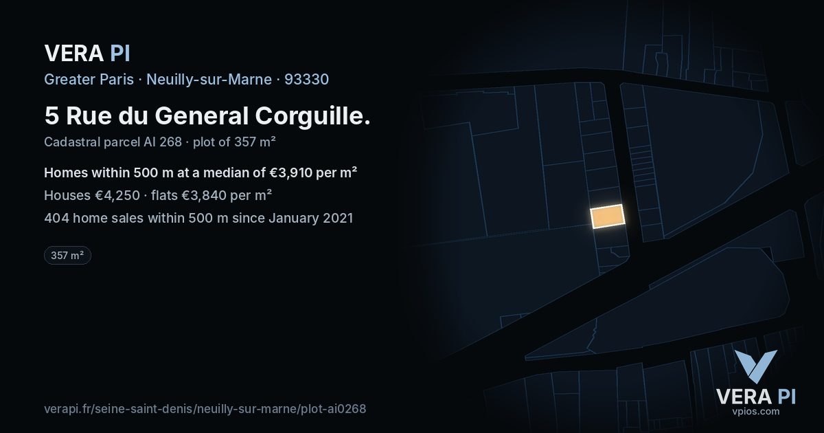 5 Rue du General Corguille, Neuilly-sur-Marne at night – the plot lit, the parcels around coloured by the prices near them