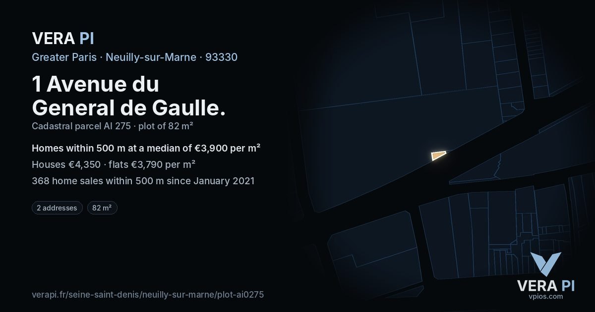 1 Avenue du General de Gaulle, Neuilly-sur-Marne at night – the plot lit, the parcels around coloured by the prices near them