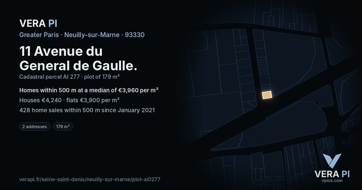 11 Avenue du General de Gaulle, Neuilly-sur-Marne at night – the plot lit, the parcels around coloured by the prices near them