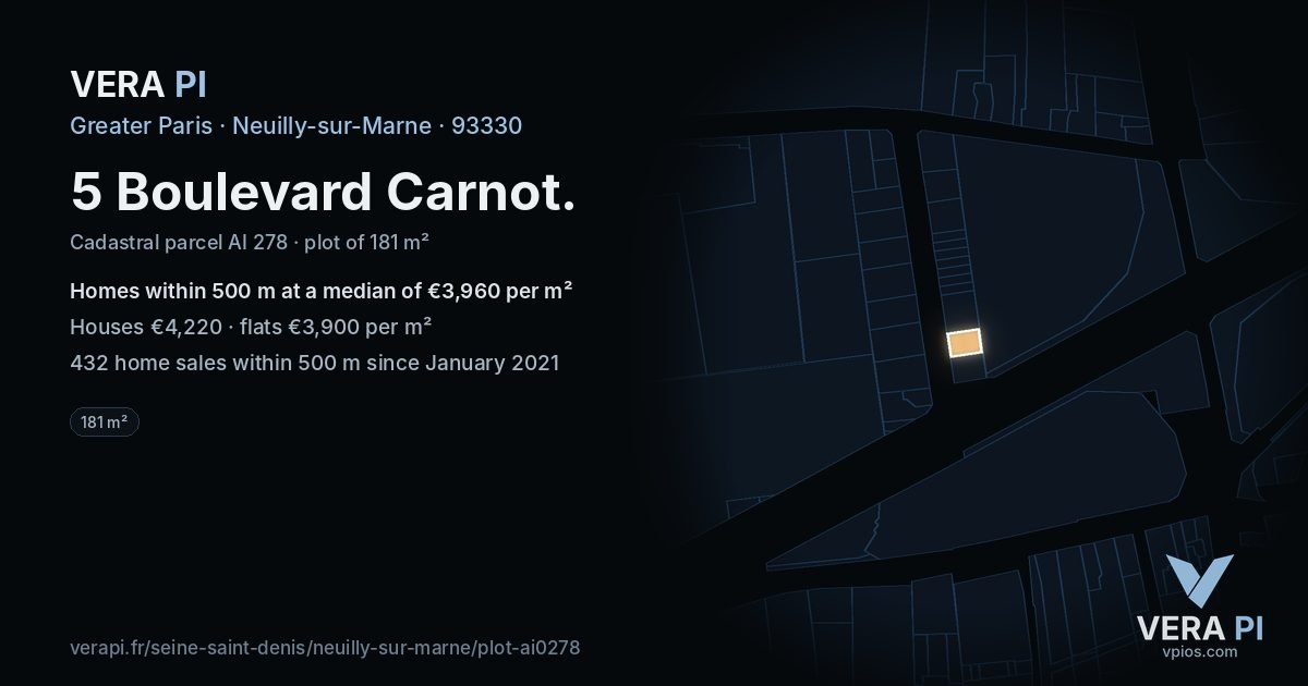 5 Boulevard Carnot, Neuilly-sur-Marne at night – the plot lit, the parcels around coloured by the prices near them
