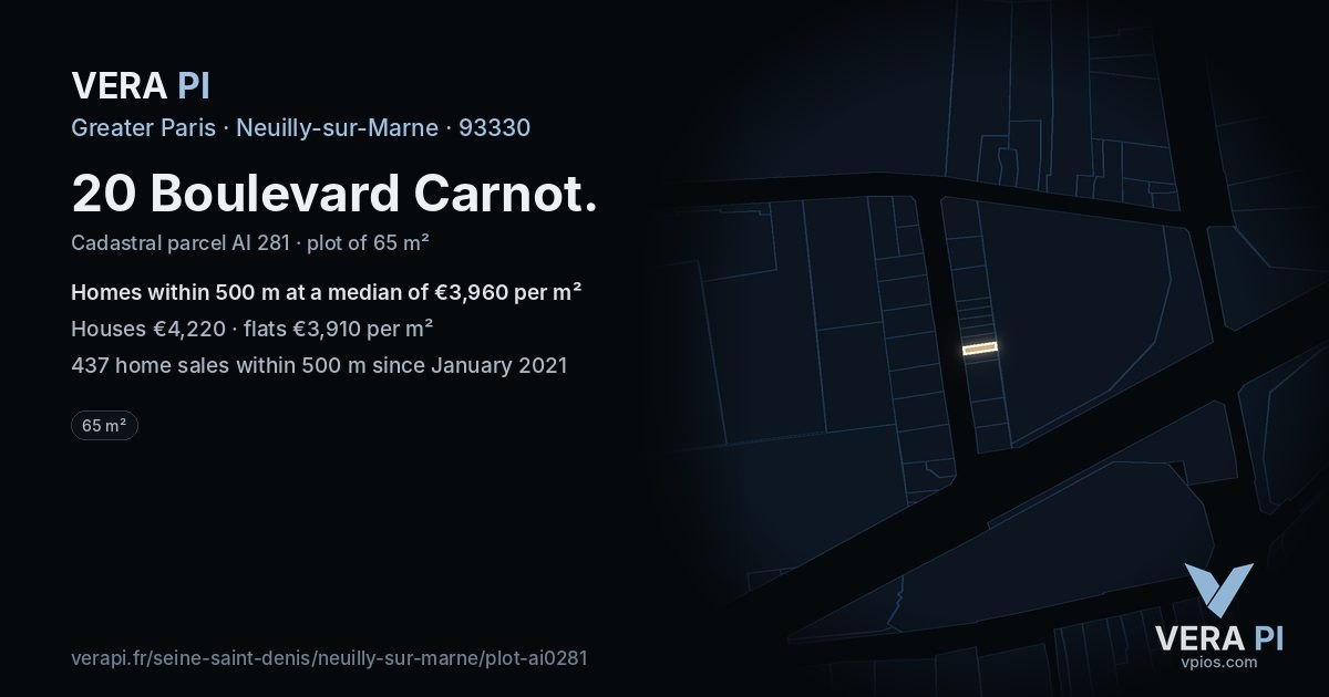 20 Boulevard Carnot, Neuilly-sur-Marne at night – the plot lit, the parcels around coloured by the prices near them