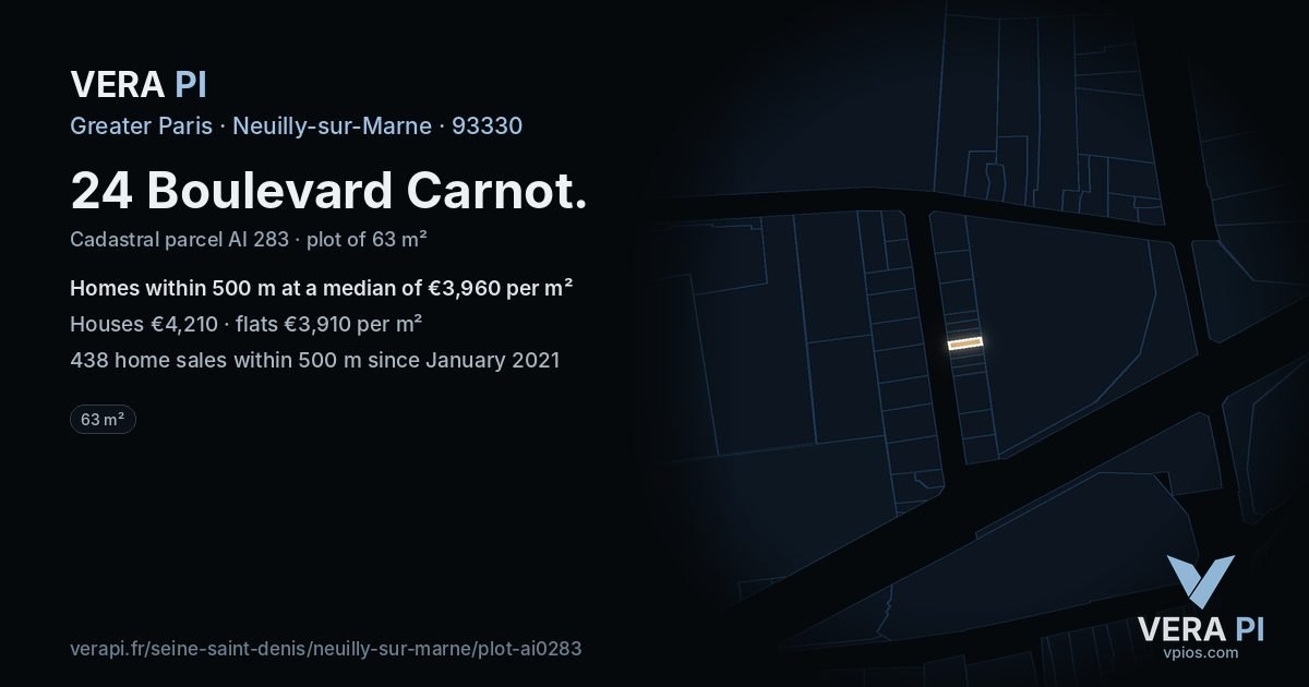 24 Boulevard Carnot, Neuilly-sur-Marne at night – the plot lit, the parcels around coloured by the prices near them
