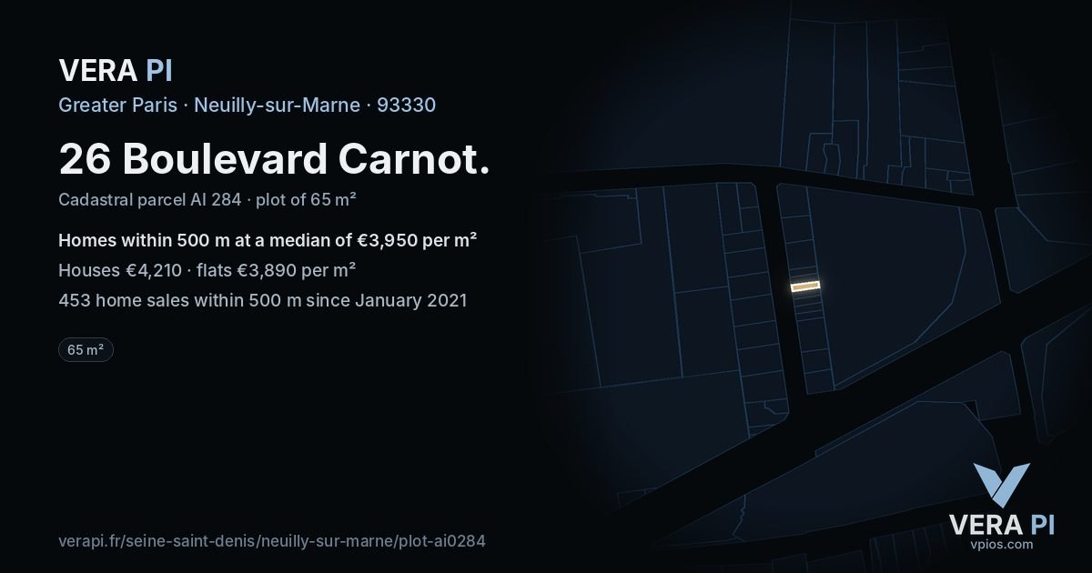 26 Boulevard Carnot, Neuilly-sur-Marne at night – the plot lit, the parcels around coloured by the prices near them
