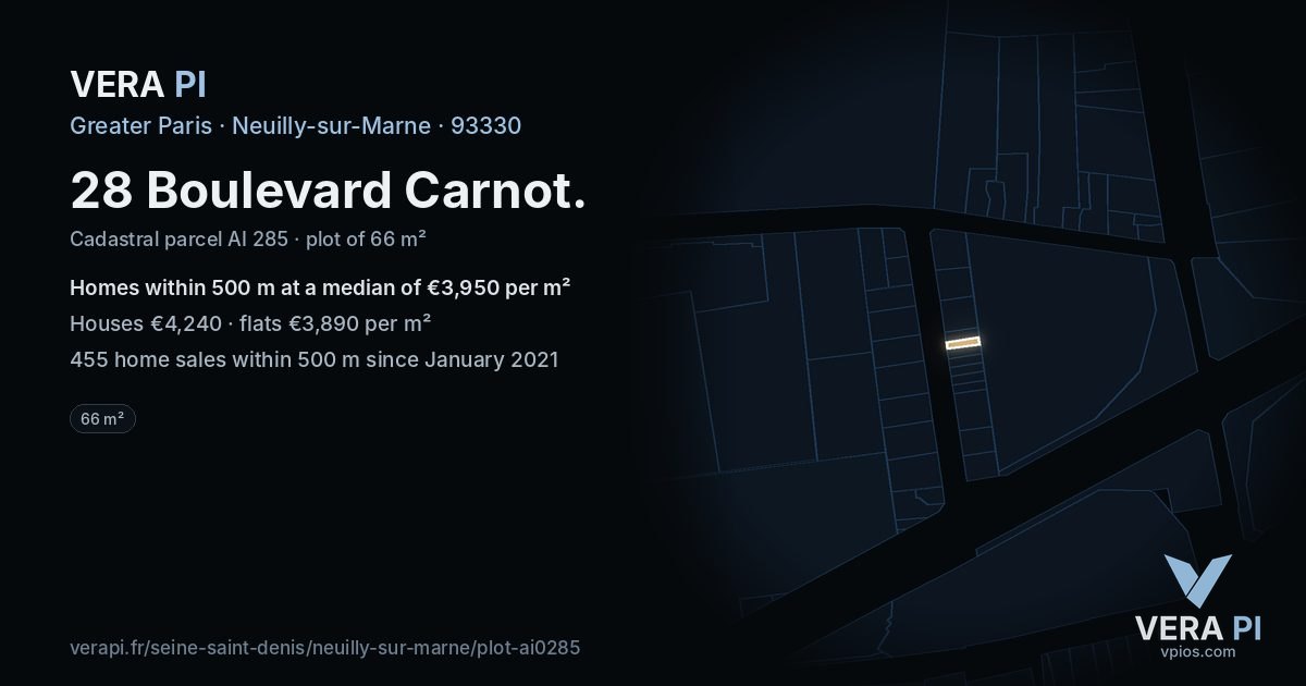28 Boulevard Carnot, Neuilly-sur-Marne at night – the plot lit, the parcels around coloured by the prices near them
