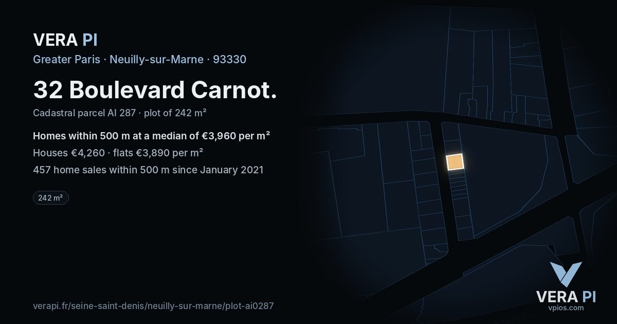 32 Boulevard Carnot, Neuilly-sur-Marne at night – the plot lit, the parcels around coloured by the prices near them