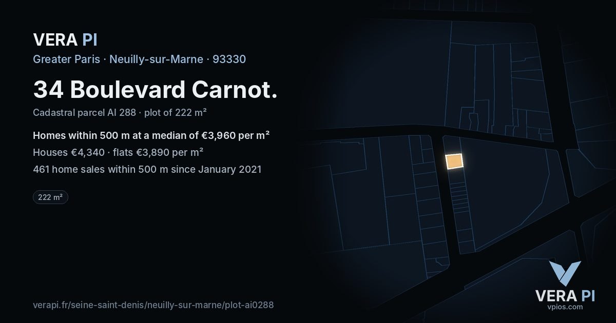 34 Boulevard Carnot, Neuilly-sur-Marne at night – the plot lit, the parcels around coloured by the prices near them