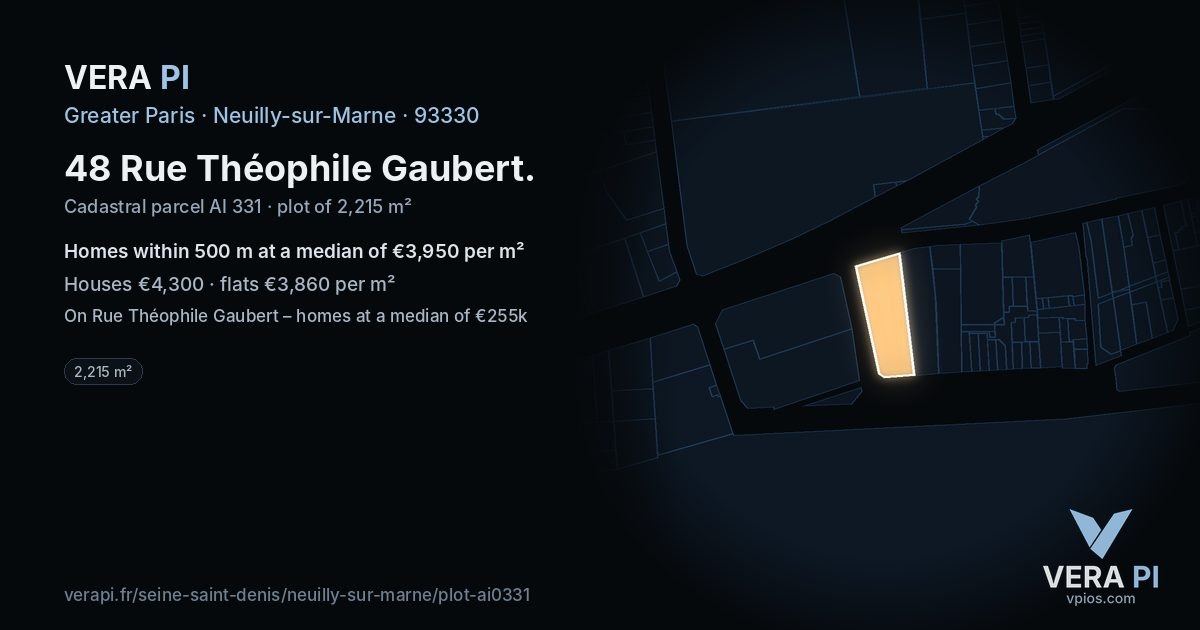 48 Rue Théophile Gaubert, Neuilly-sur-Marne at night – the plot lit, the parcels around coloured by the prices near them