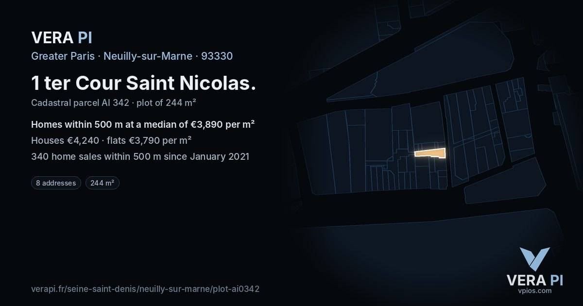 1 ter Cour Saint Nicolas, Neuilly-sur-Marne at night – the plot lit, the parcels around coloured by the prices near them