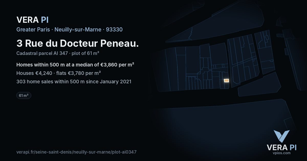3 Rue du Docteur Peneau, Neuilly-sur-Marne at night – the plot lit, the parcels around coloured by the prices near them