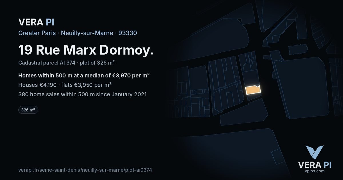 19 Rue Marx Dormoy, Neuilly-sur-Marne at night – the plot lit, the parcels around coloured by the prices near them