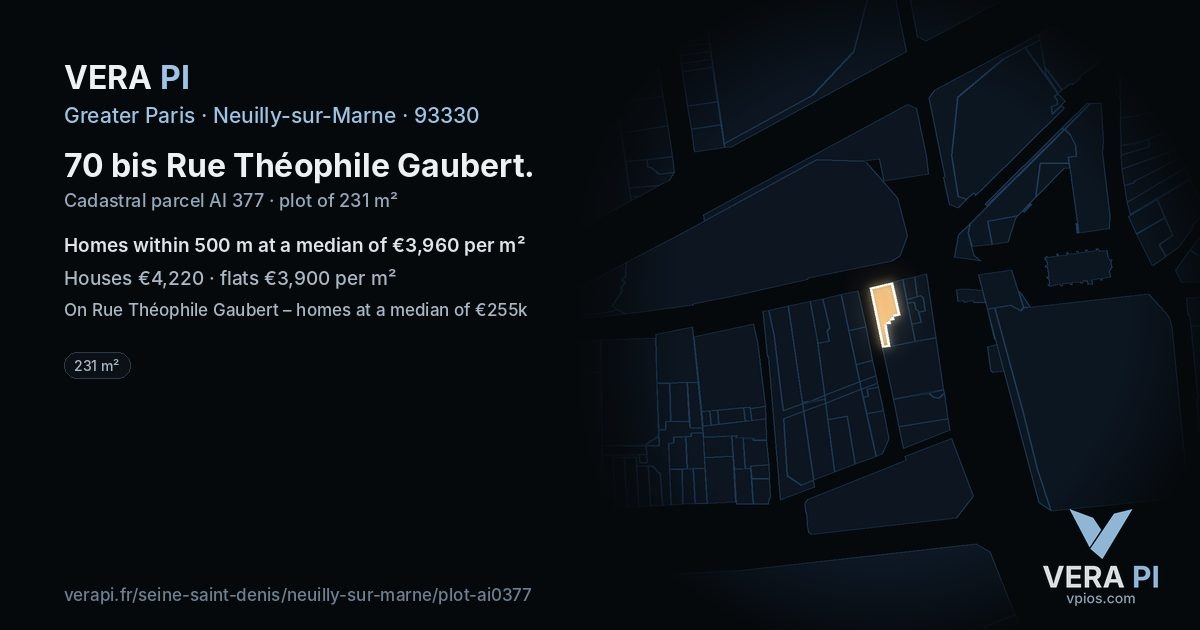 70 bis Rue Théophile Gaubert, Neuilly-sur-Marne at night – the plot lit, the parcels around coloured by the prices near them