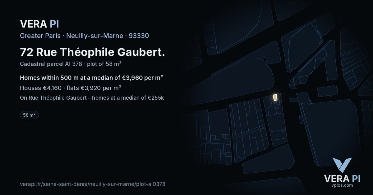 72 Rue Théophile Gaubert, Neuilly-sur-Marne at night – the plot lit, the parcels around coloured by the prices near them