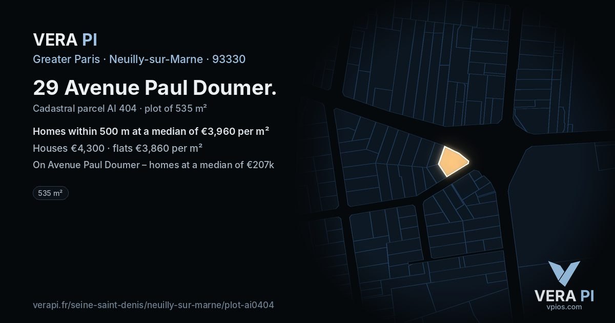 29 Avenue Paul Doumer, Neuilly-sur-Marne at night – the plot lit, the parcels around coloured by the prices near them