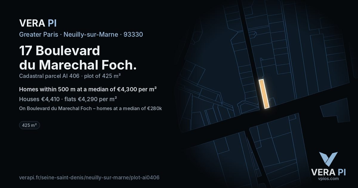 17 Boulevard du Marechal Foch, Neuilly-sur-Marne at night – the plot lit, the parcels around coloured by the prices near them