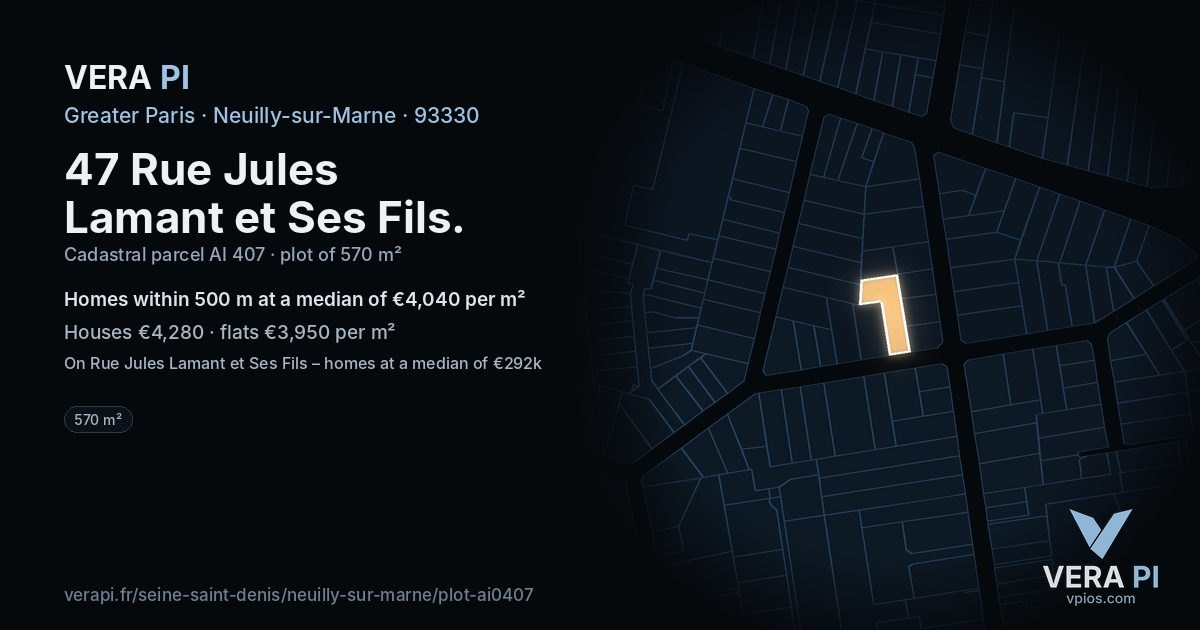 47 Rue Jules Lamant et Ses Fils, Neuilly-sur-Marne at night – the plot lit, the parcels around coloured by the prices near them