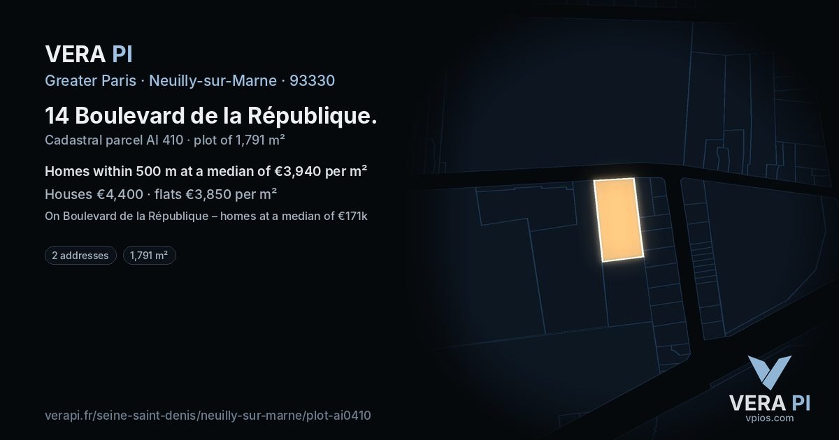 14 Boulevard de la République, Neuilly-sur-Marne at night – the plot lit, the parcels around coloured by the prices near them