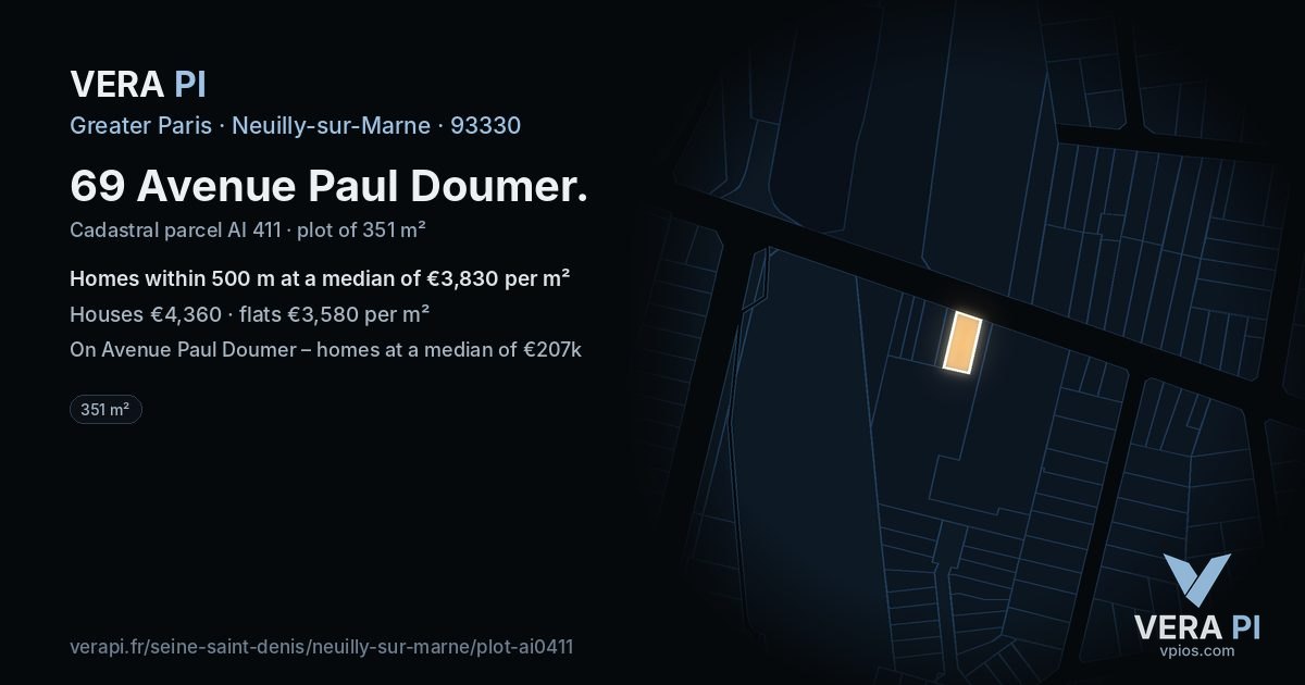 69 Avenue Paul Doumer, Neuilly-sur-Marne at night – the plot lit, the parcels around coloured by the prices near them