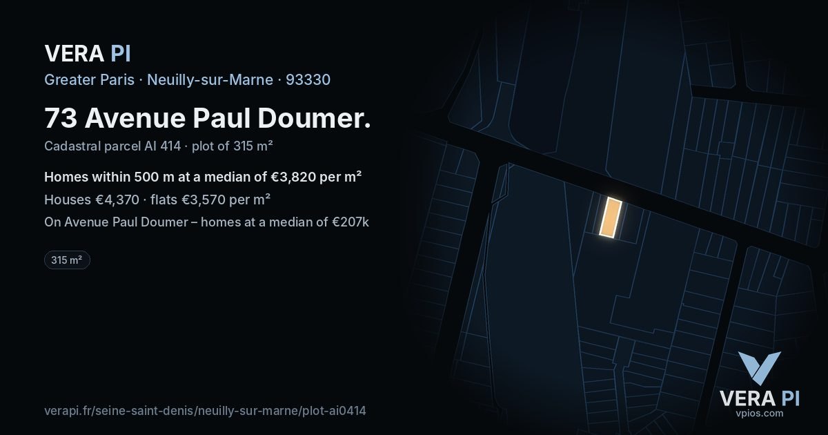 73 Avenue Paul Doumer, Neuilly-sur-Marne at night – the plot lit, the parcels around coloured by the prices near them