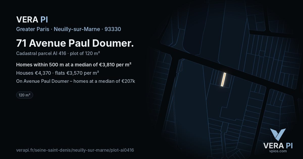 71 Avenue Paul Doumer, Neuilly-sur-Marne at night – the plot lit, the parcels around coloured by the prices near them