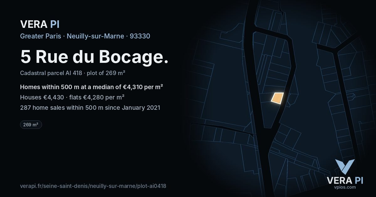 5 Rue du Bocage, Neuilly-sur-Marne at night – the plot lit, the parcels around coloured by the prices near them