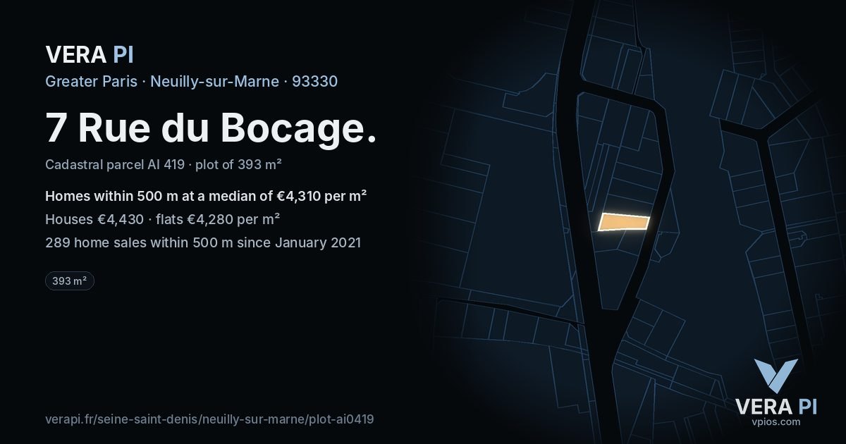 7 Rue du Bocage, Neuilly-sur-Marne at night – the plot lit, the parcels around coloured by the prices near them