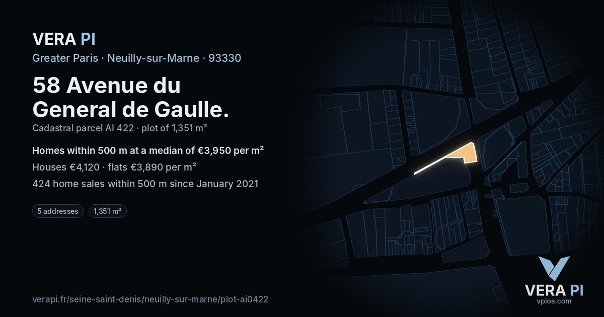 58 Avenue du General de Gaulle, Neuilly-sur-Marne at night – the plot lit, the parcels around coloured by the prices near them