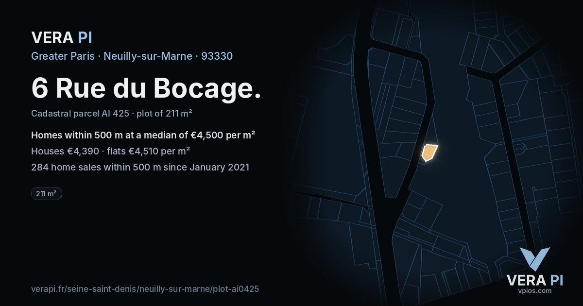 6 Rue du Bocage, Neuilly-sur-Marne at night – the plot lit, the parcels around coloured by the prices near them
