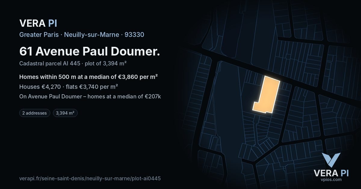 61 Avenue Paul Doumer, Neuilly-sur-Marne at night – the plot lit, the parcels around coloured by the prices near them