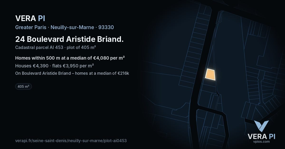 24 Boulevard Aristide Briand, Neuilly-sur-Marne at night – the plot lit, the parcels around coloured by the prices near them