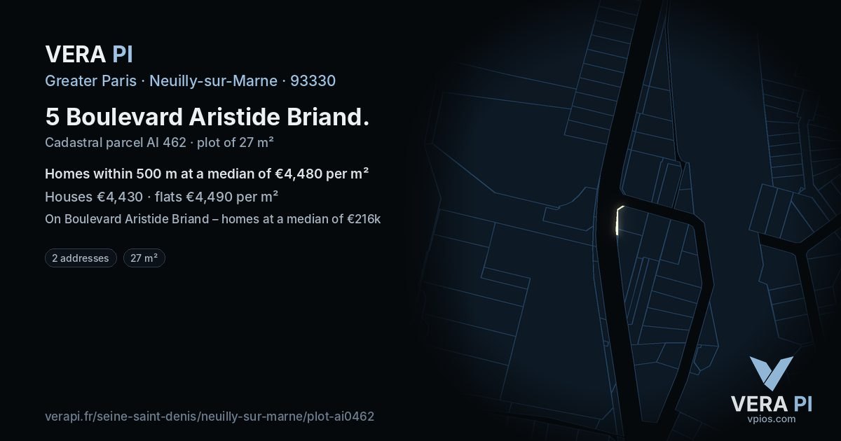 5 Boulevard Aristide Briand, Neuilly-sur-Marne at night – the plot lit, the parcels around coloured by the prices near them